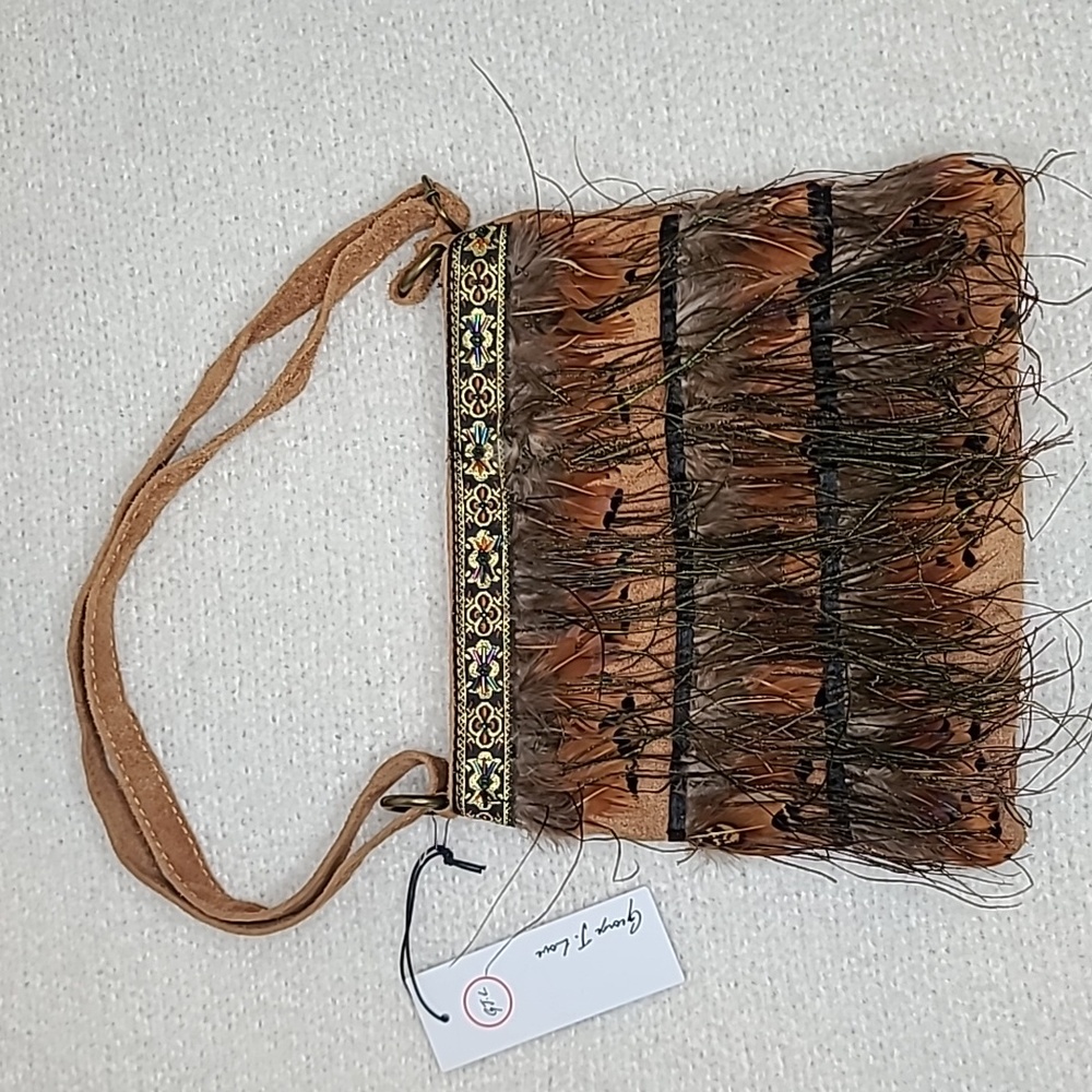 George J Love Beaded & Embroidered Feather Suede Crossbody Bag in Tan Multi NWT